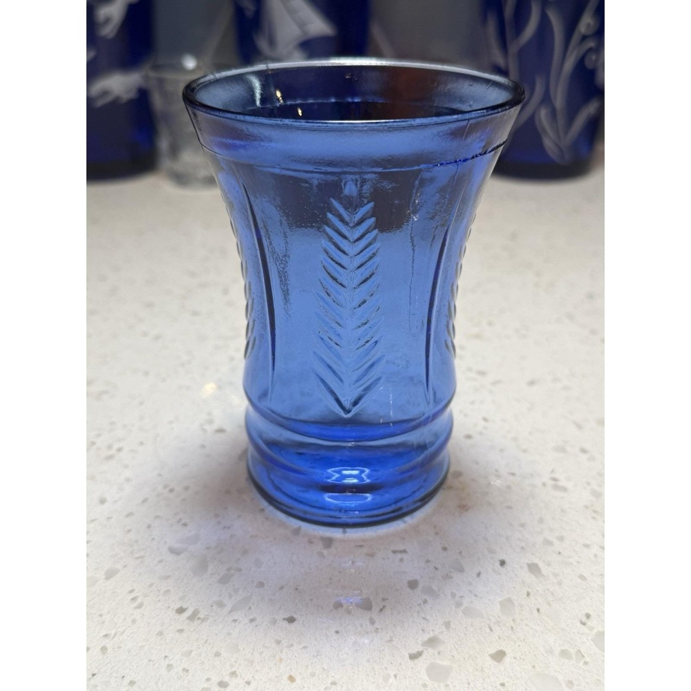 Maryland Glass Cobalt Blue Feather 4 1/2" Tumbler Mid Century Depression Glass